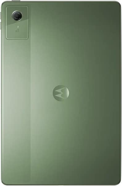 Motorola Moto Pad (2026) rear view, sage green tablet with camera module in upper left corner and Motorola logo centered