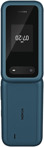 Nokia 2760 Flip phone in blue, open position showing display screen with time 07:40