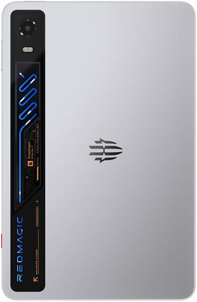 Nubia Red Magic Astra 2 rear view, silver back panel with Red Magic logo and blue-accented vertical cooling system on left edge