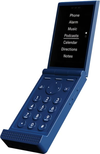 Light Flip phone in blue, open position, showing screen menu and numeric keypad