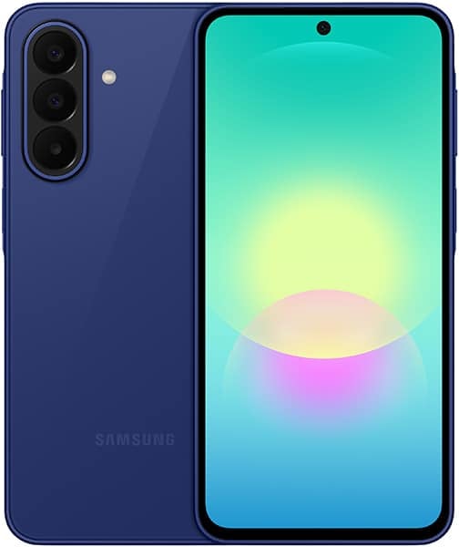 Samsung Galaxy A27 front view, blue, with triple rear camera and teal gradient display showing colorful abstract wallpaper