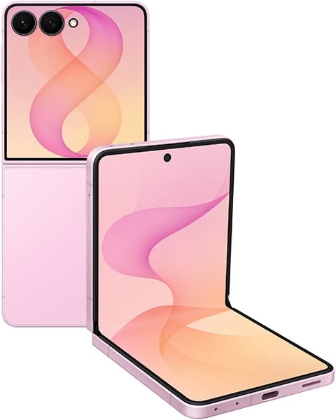 Samsung Galaxy Z Flip8 in pink, shown folded and open with gradient wallpaper on displays and solid pink exterior panel
