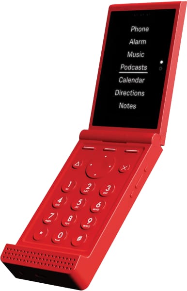 Light Flip phone in red, open position, showing screen with menu options and physical keypad below