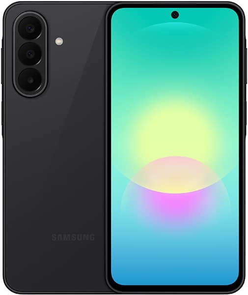 Samsung Galaxy A27 front and back views showing black device with triple rear camera setup and teal gradient display