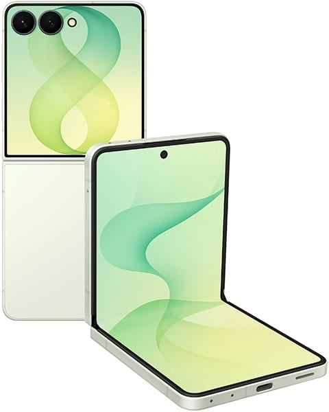 Samsung Galaxy Z Flip8 in mint green, shown folded and open with dual rear cameras and gradient wallpaper