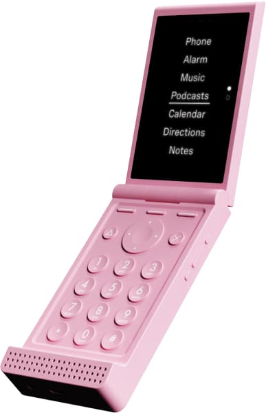 Light Flip phone in pink, open position showing screen with menu options and numeric keypad below