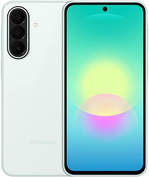 Samsung Galaxy A27 front and rear view, white, showing triple rear camera and turquoise gradient display