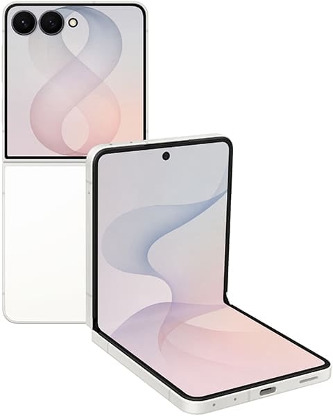 Samsung Galaxy Z Flip8 folded and unfolded views showing dual rear cameras, foldable display, and soft gradient wallpaper