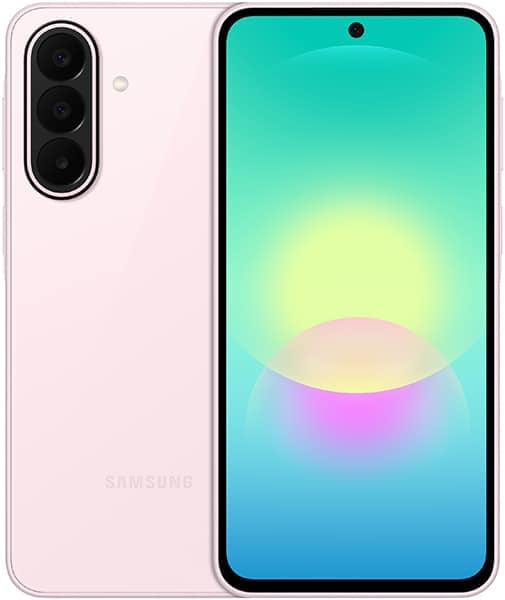 Samsung Galaxy A27 front and rear view, pink finish, triple rear camera, turquoise gradient display