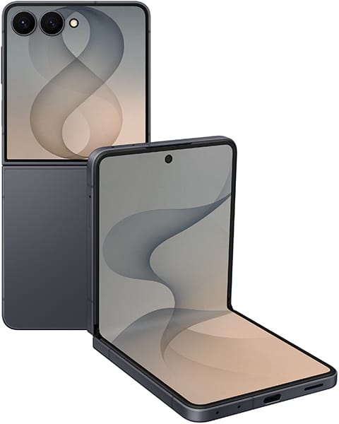 Samsung Galaxy Z Flip8 shown folded and open from front and rear angles, displaying dual cameras and flexible display