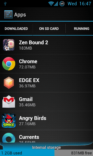 Android phone apps screen showing downloaded applications with storage sizes, including zen bound 2, chrome, edge ex, gmail, and angry birds, demonstrating how to free up space