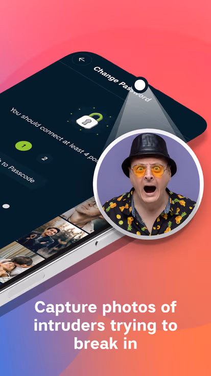 Android app interface showing file and folder hiding features with a man in a hat and patterned shirt displayed in a circular profile preview against a pink gradient background
