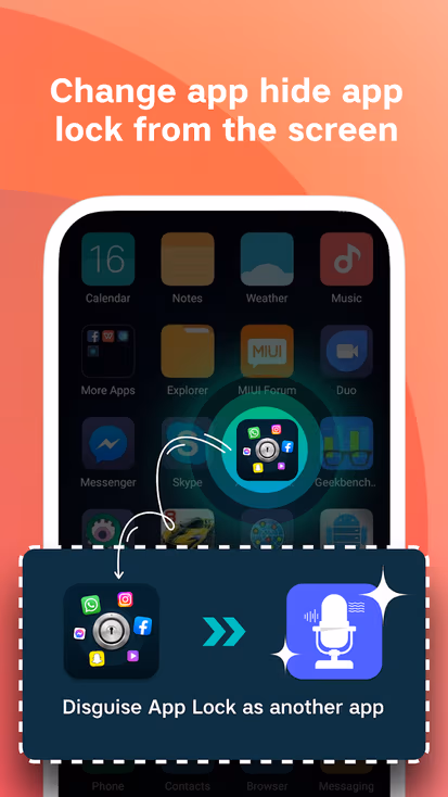 Android phone screen showing app hide lock interface with circular menu highlighting hidden apps, and bottom panel explaining how to disguise app lock as another app
