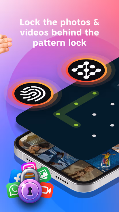 Android phone displaying pattern lock interface with fingerprint and dot pattern icons, photos, and app lock symbols showing how to hide folders and files