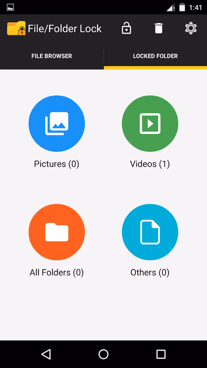 File/folder lock app interface showing locked folder categories: pictures, videos, all folders, and others for hiding files on android