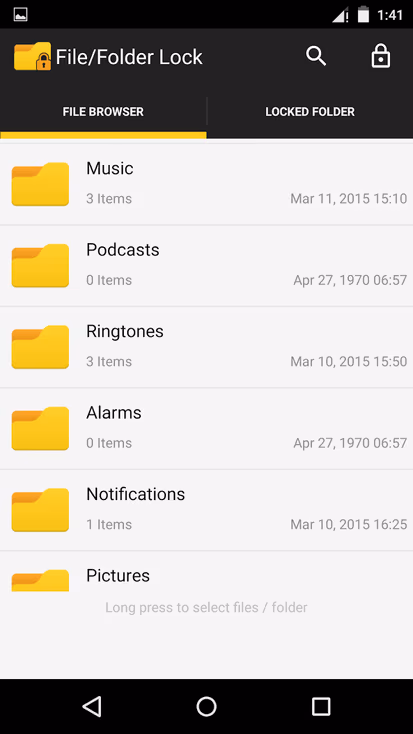 File/folder lock app showing file browser with yellow folders for music, podcasts, ringtones, alarms, notifications, and pictures