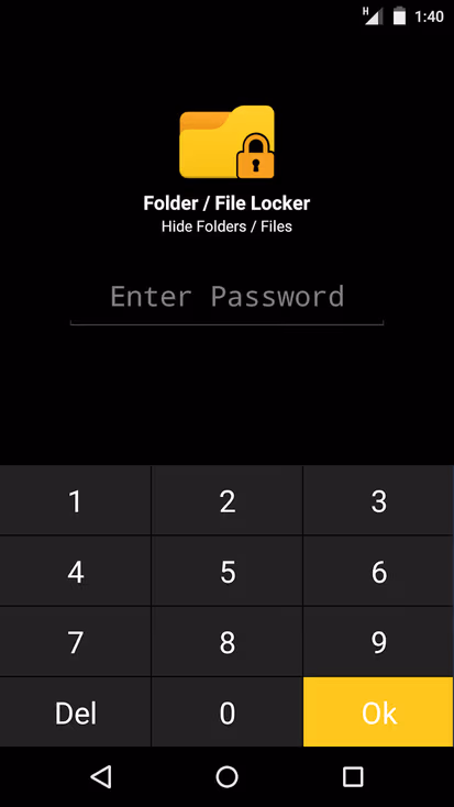 Folder/file locker app password entry screen with numeric keypad for hiding folders and files on android