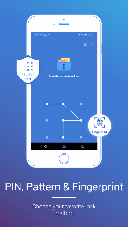 Android phone displaying pin, pattern, and fingerprint lock options with text "draw the screen to unlock" and "choose your favorite lock method"