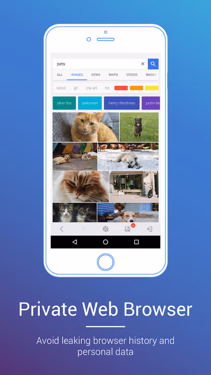Android phone displaying image search results for "pets" with text "private web browser — avoid leaking browser history and personal data"