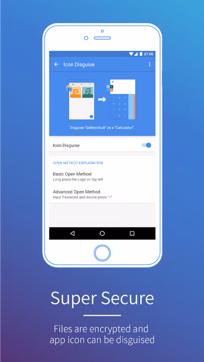 Android phone displaying icon disguise feature to hide folders and files, showing basic and advanced open methods with encryption security