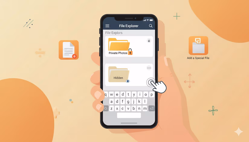 Android file explorer showing private photos folder with lock icon and hidden folder, demonstrating how to hide folders and files on android