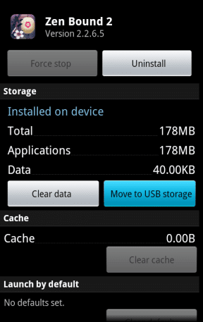 Android app storage settings screen showing zen bound 2 app details with options to clear data and move to usb storage