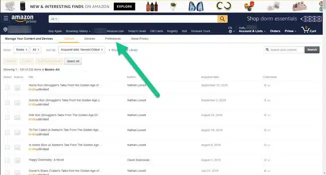 Amazon kindle library showing books by nathan lovett and others, with a green arrow pointing to the library section for accessing purchased and personal documents