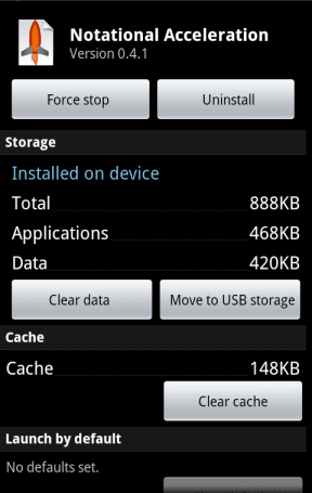 Android app settings screen showing notational acceleration storage breakdown with options to clear data and cache to free up space