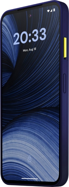 Fairphone 6 front view, dark blue phone with lock screen displaying time 20:33 and date Mon Aug 18, yellow accents on side frame