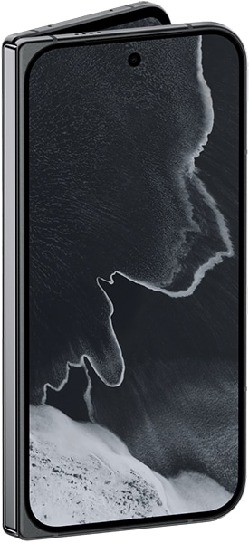 Google Pixel 11 Pro Fold, front view with screen displaying black and white aerial landscape imagery