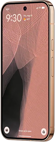 Google Pixel 11 Pro front view, gold frame, displaying home screen with time 9:30 and abstract pink wallpaper