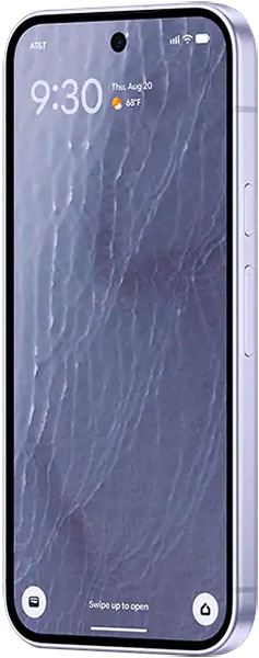 Google Pixel 11 front view showing lock screen with time 9:30, AT&T carrier, and abstract blue wave wallpaper