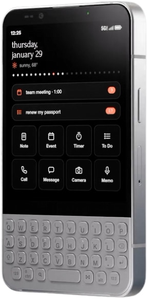 Minimal Phone 2 front view with display showing calendar and task list, physical QWERTY keyboard below, and eight app shortcut buttons