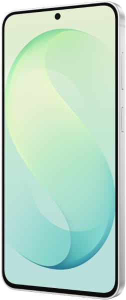 Samsung Galaxy S26 FE front view with display showing gradient wallpaper in mint green and blue tones
