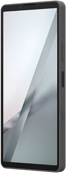 Sony Xperia 10 VIII smartphone front view with black frame and light gray display showing abstract wave design