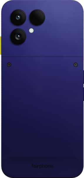 Fairphone 6 rear view, deep blue back with triple camera module and yellow power button on side