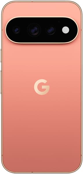 Google Pixel 11 Pro rear view showing coral pink back with camera bar and Google G logo