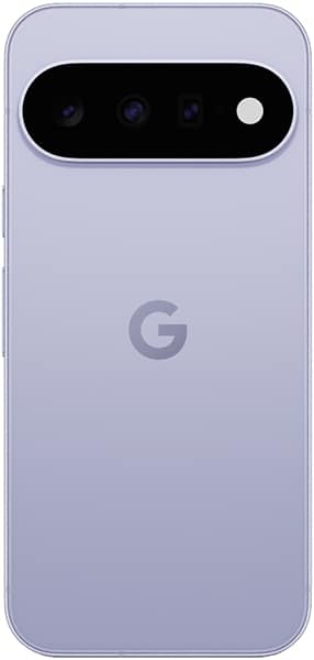 Google Pixel 11 rear view, lavender with horizontal camera module containing three lenses and flash