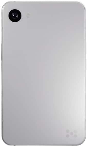 Minimal Phone 2 rear view, white, showing circular camera module in upper left corner against clean minimalist design