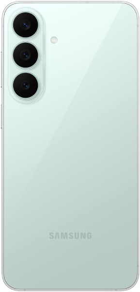 Samsung Galaxy S26 FE rear view, light blue finish with three-lens camera module and Samsung branding visible