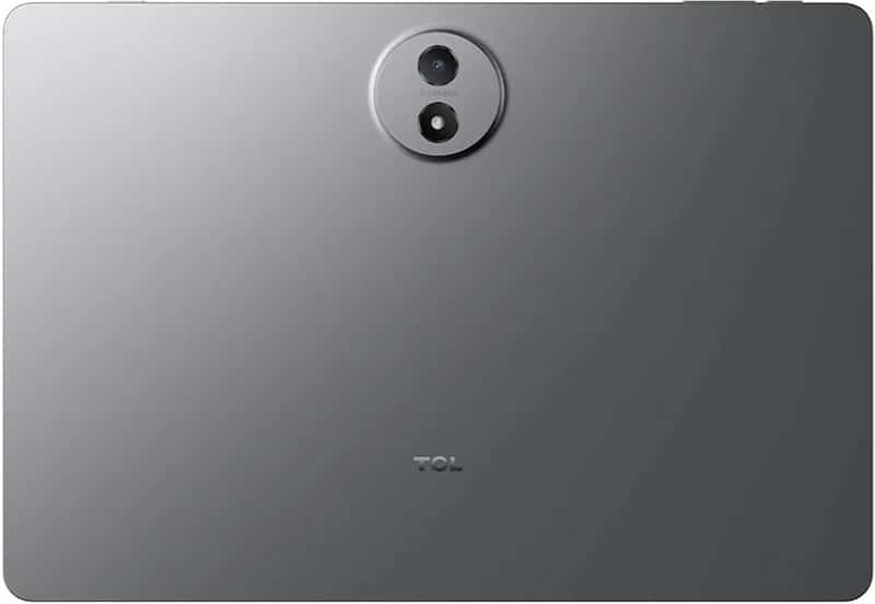 TCL Tab A1 Plus NxtPaper rear view showing dual camera in circular module and TCL branding on gray back panel
