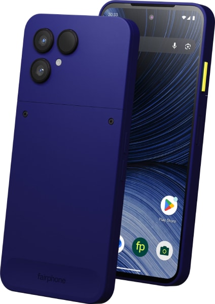 Fairphone 6 rear and front view, deep blue case with triple camera array, screen displaying home interface with app icons