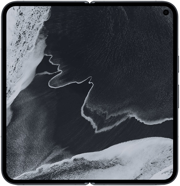 Google Pixel 11 Pro Fold open, displaying aerial black and white photograph of coastline with waves and sandy beaches on screen