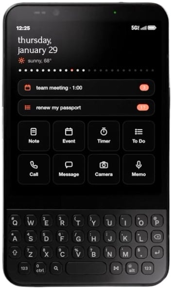 Minimal Phone 2 front view showing home screen with date, weather, task reminders, and app shortcuts above a physical QWERTY keyboard