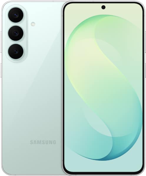 Samsung Galaxy S26 FE front view, white, with triple rear camera and display showing green gradient wallpaper