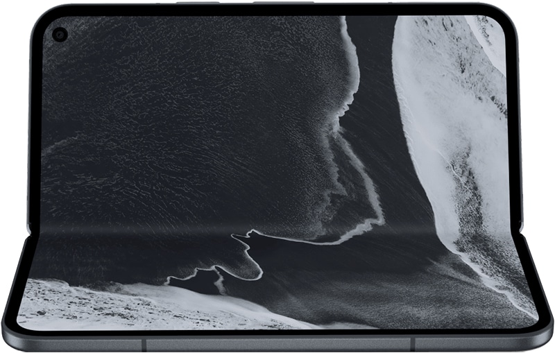 Google Pixel 11 Pro Fold open, displaying aerial black-and-white landscape photograph of winding river through snowy terrain