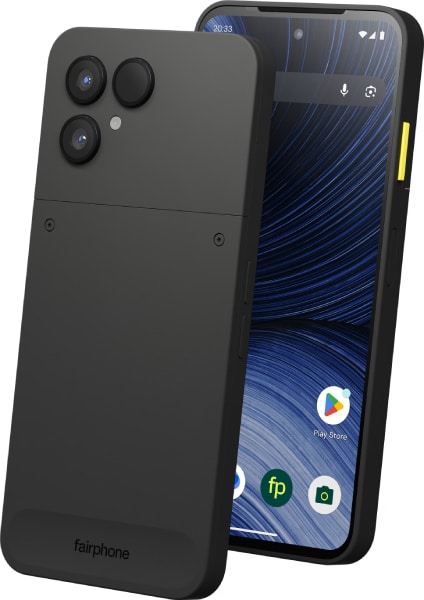 Fairphone 6 rear view showing black modular back panel with triple camera array and yellow power button on right edge