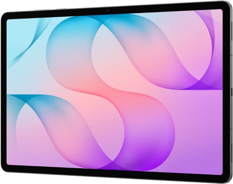 Samsung Galaxy Tab S12+ displaying colorful abstract wallpaper with flowing blue, pink, and purple gradient shapes on screen