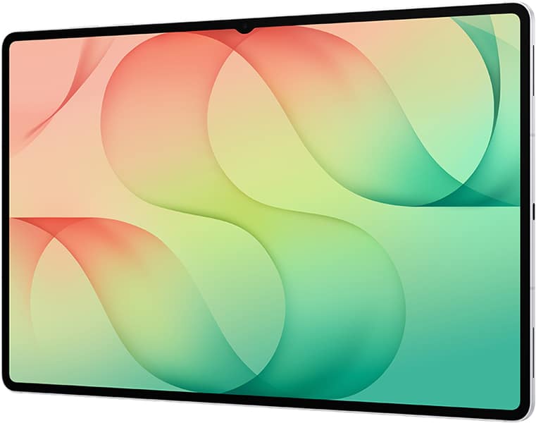 Samsung Galaxy Tab S12 Ultra with gradient abstract wallpaper, front view angled slightly right, displaying colorful flowing waves in coral, yellow, and teal