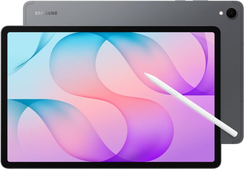 Samsung Galaxy Tab S12+ shown from rear, displaying colorful gradient wallpaper on screen with stylus resting against device edge